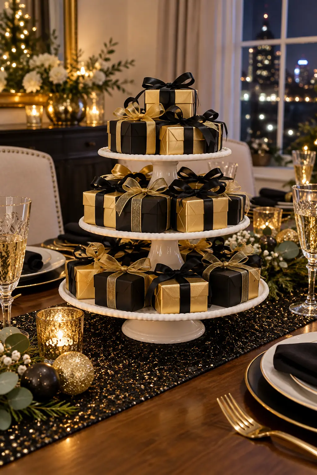 Three-tier white stand stacked with black and gold ribbon-tied party favor boxes
