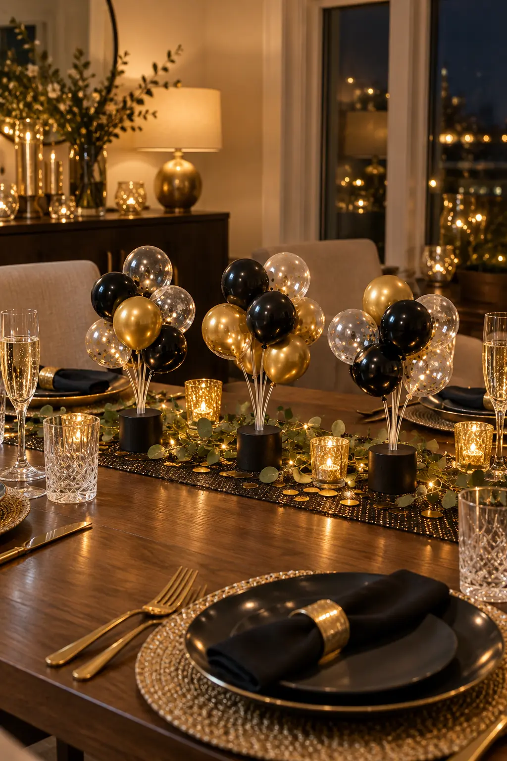 Low black gold and clear balloon bouquets anchored in weighted tabletop cups