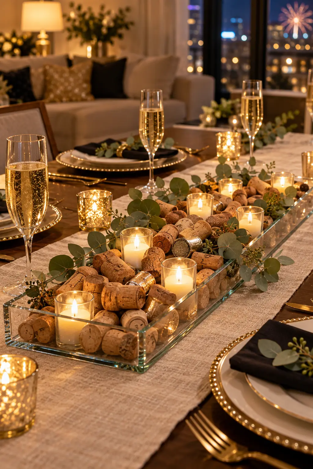 Glass tray filled with champagne corks clear LED tea lights and eucalyptus