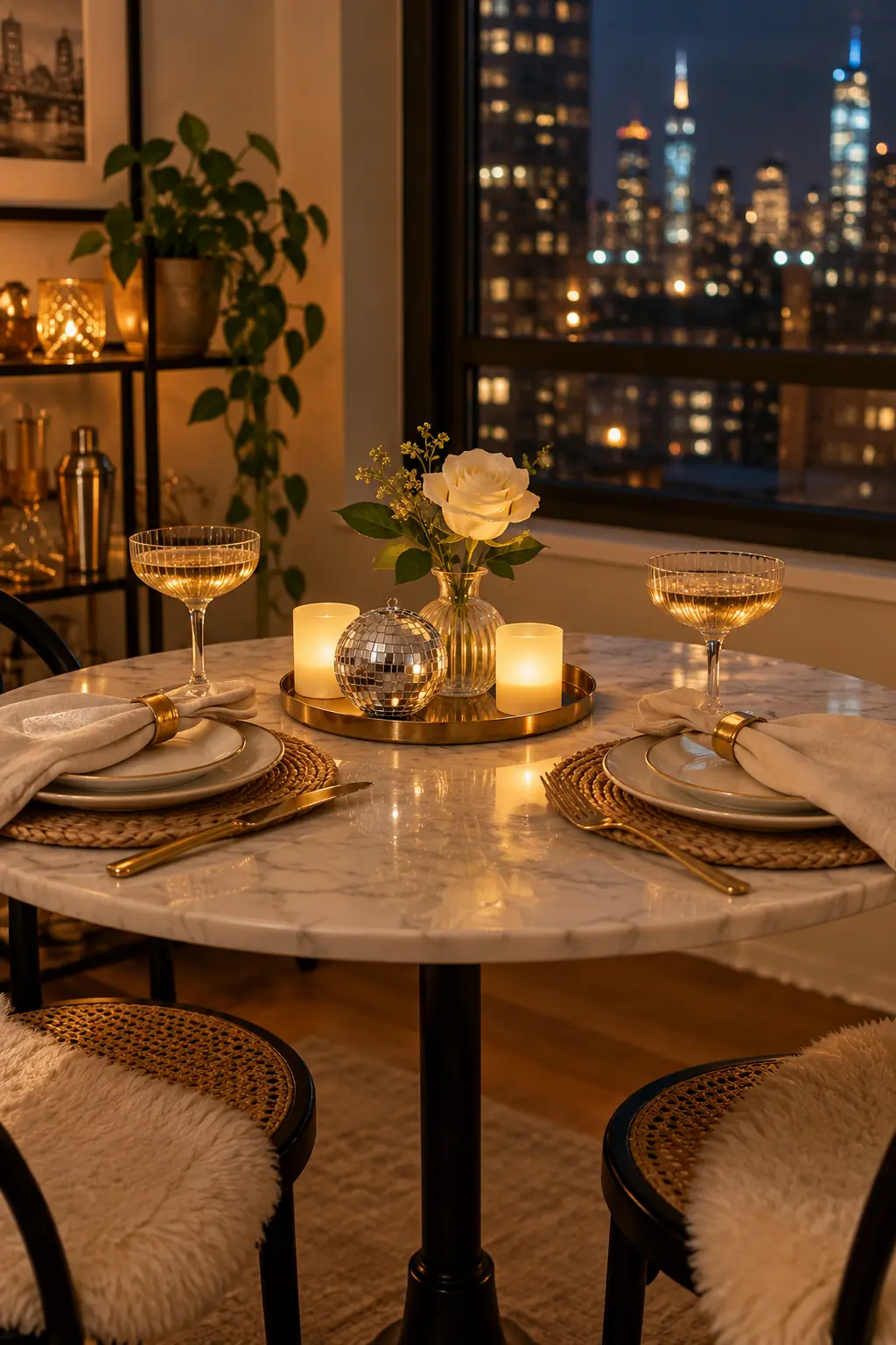 Compact brass tray with a mini disco ball white rose and battery votives on a table for two