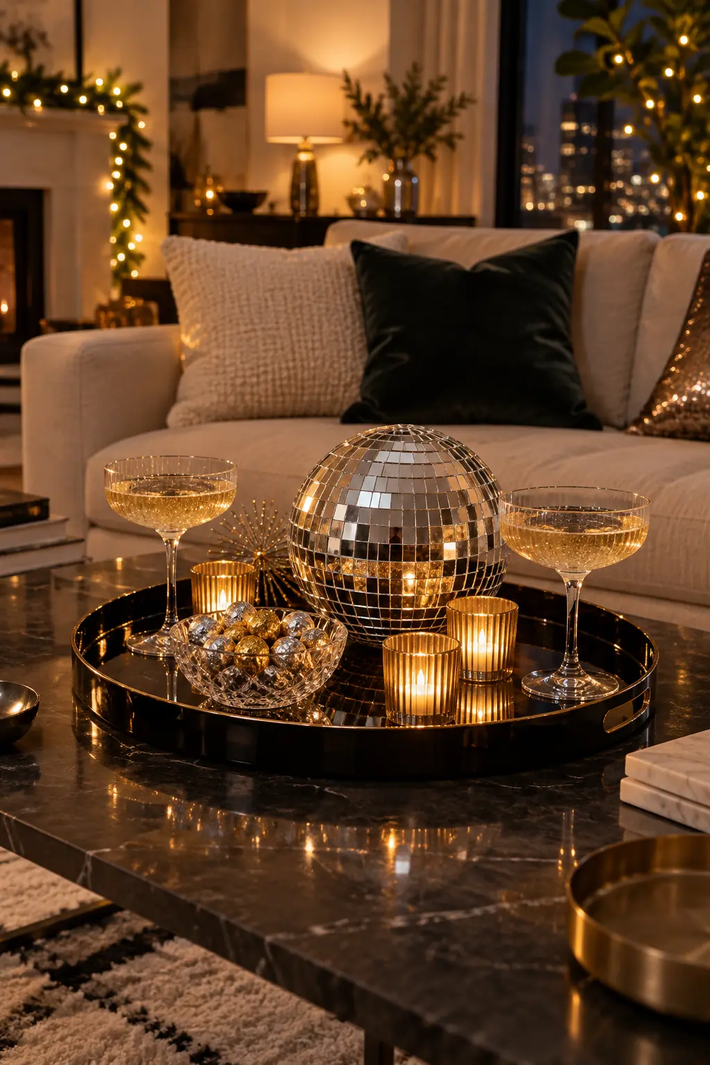 Coffee-table tray with a disco ball coupe glasses candy bowl and battery votives
