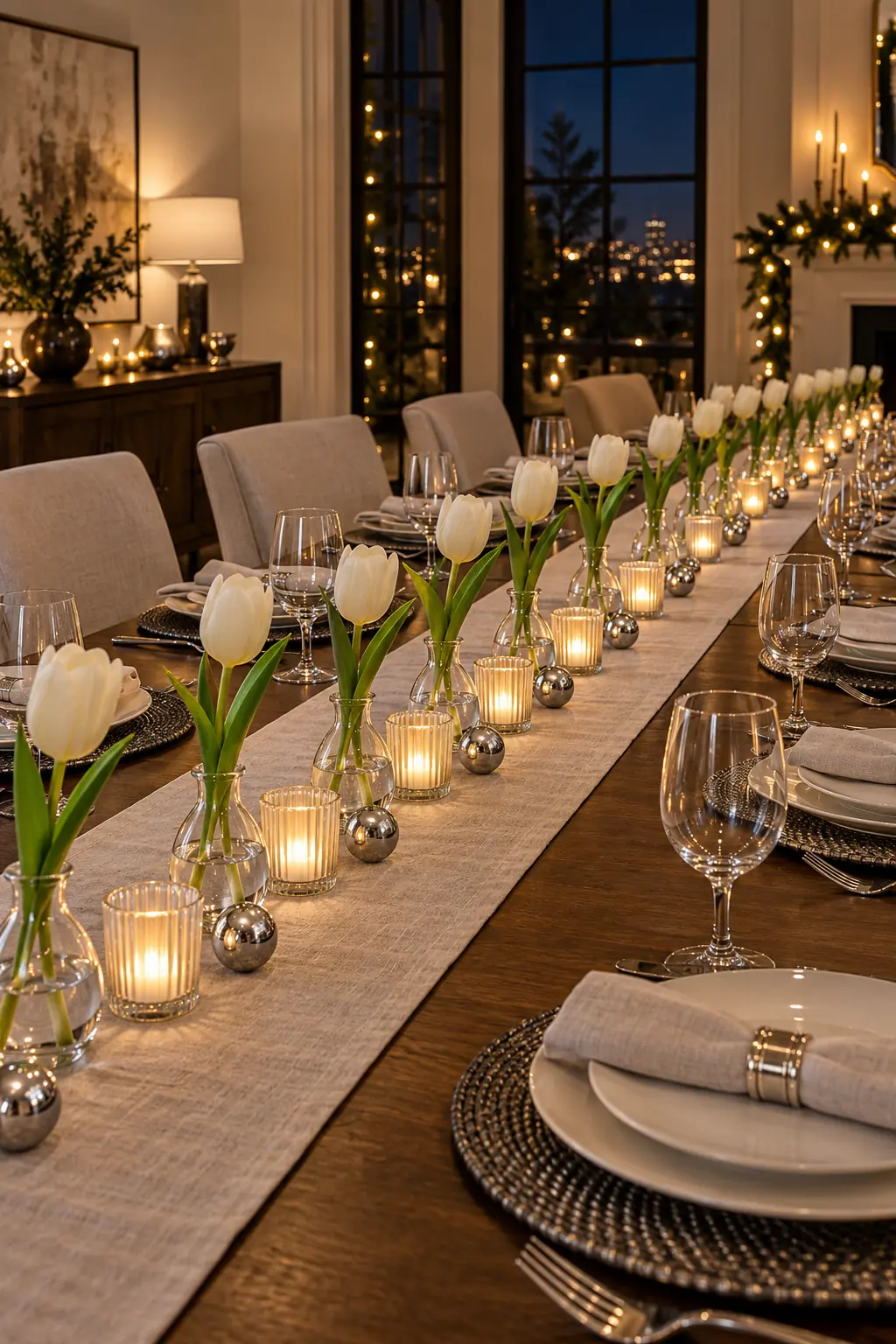 Long dining table lined with white-tulip bud vases votives and small silver balls