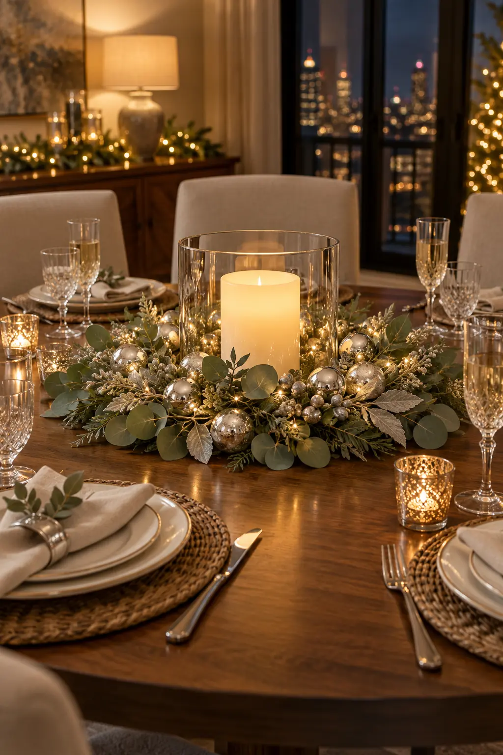 Low eucalyptus and silver ornament wreath surrounding a glass hurricane on a round table