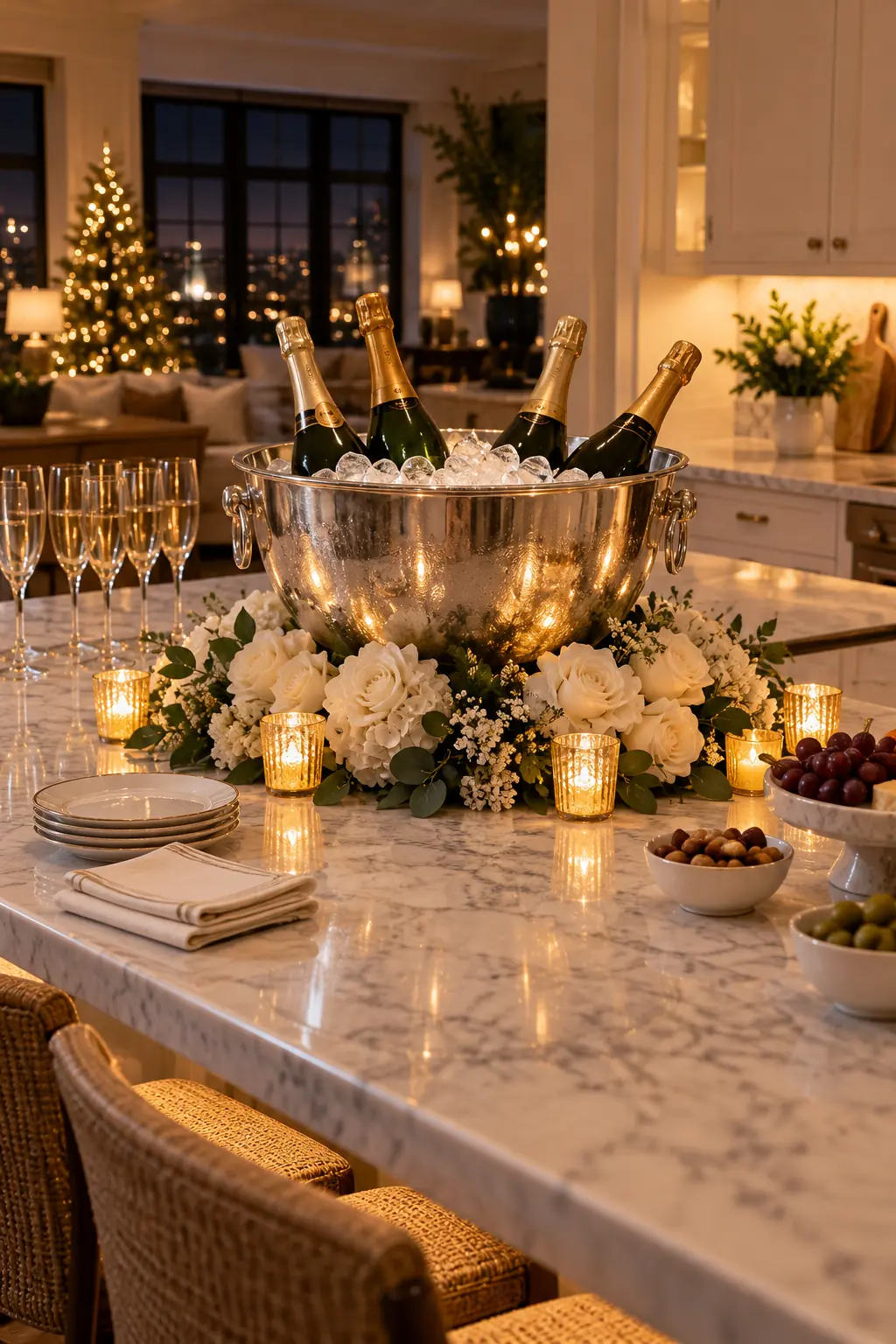 Silver champagne bucket with bottles flowers and votives centered on a kitchen island