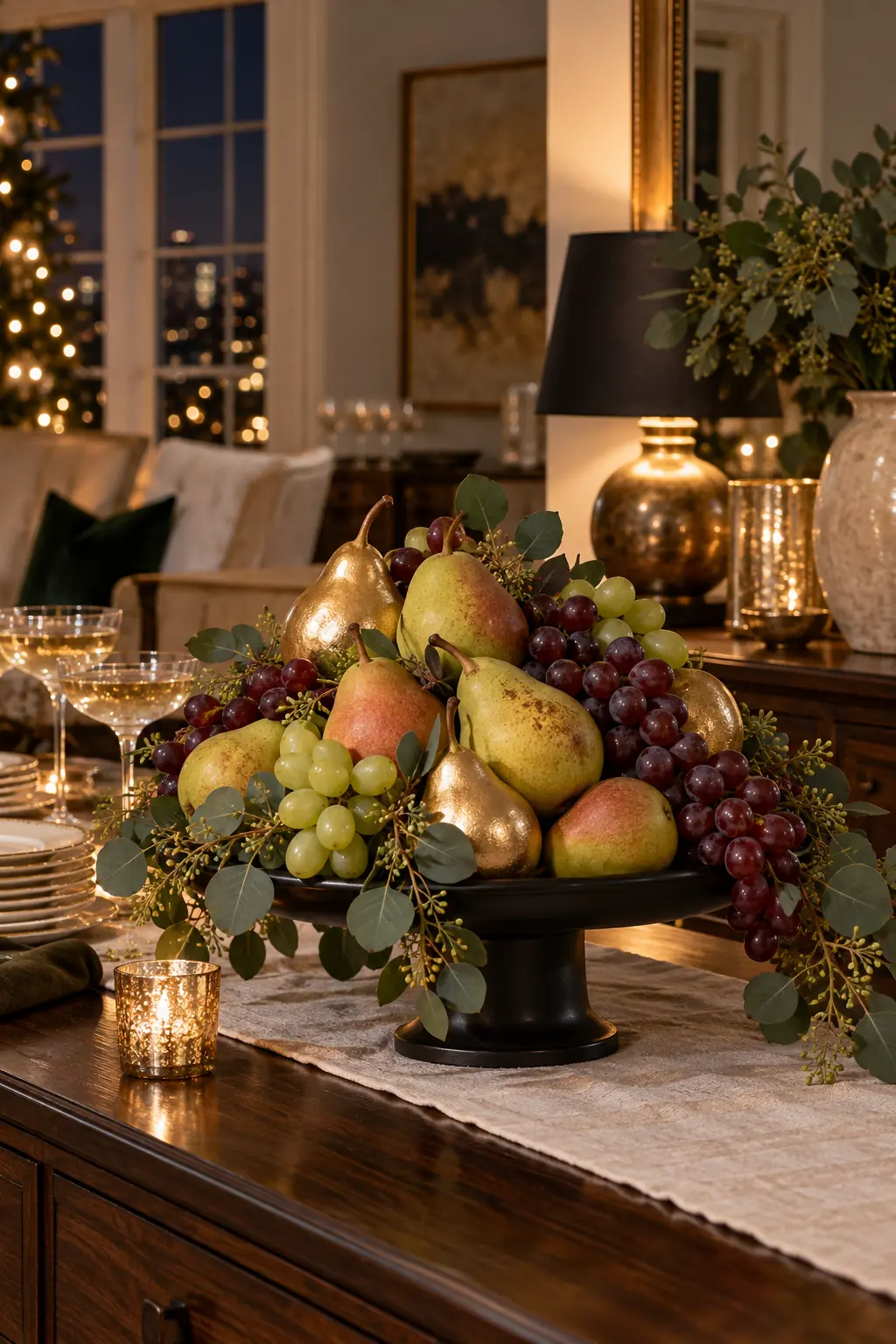 Black pedestal piled with grapes natural pears and a few gold decorative pears