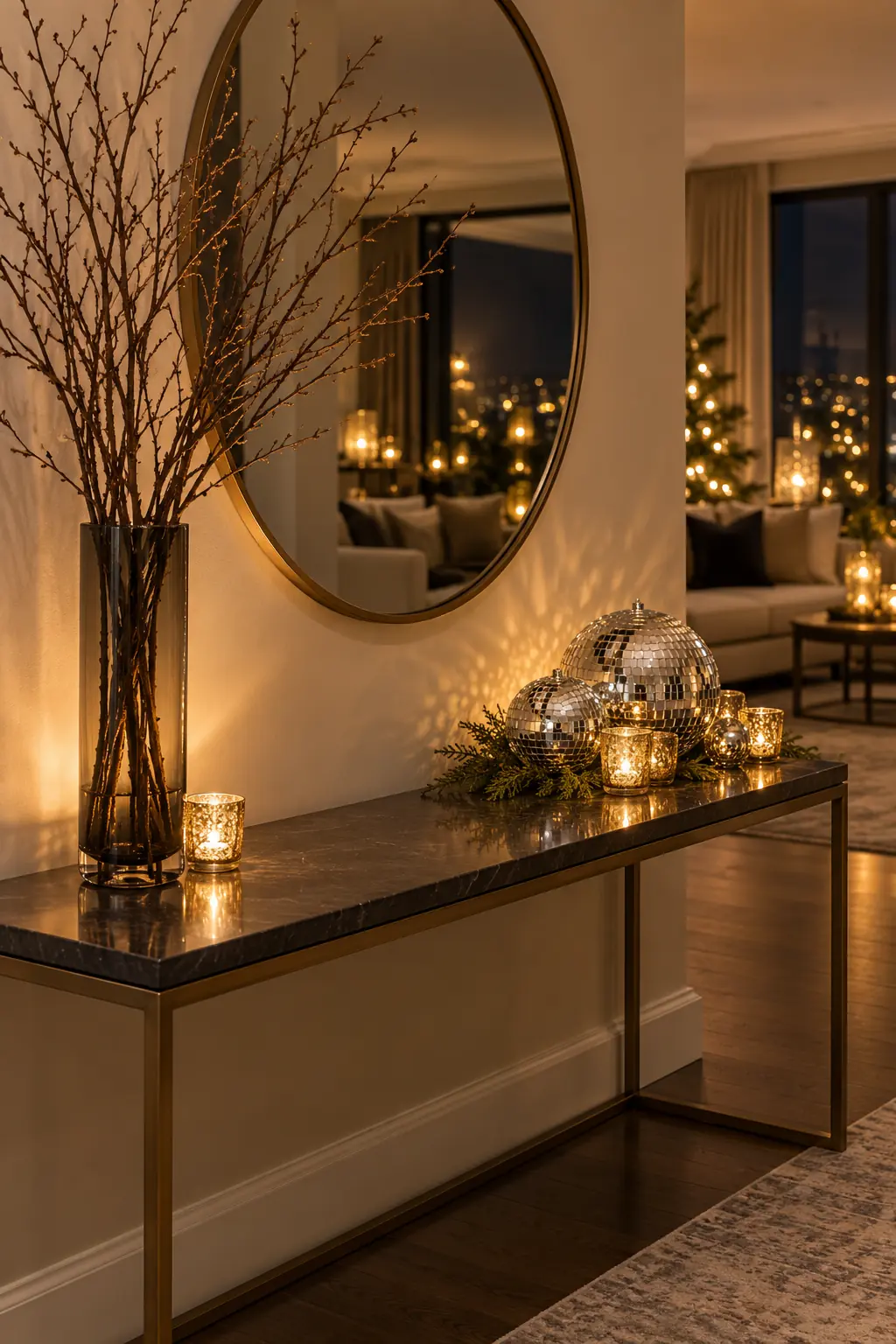 Asymmetrical console display with tall smoked vase disco balls and battery votives