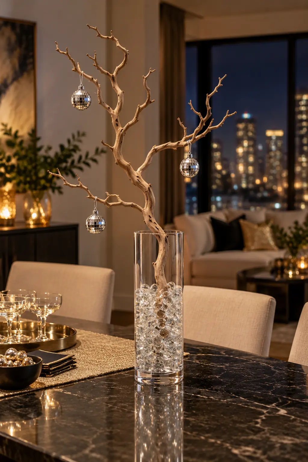 Single sculptural branch in a clear cylinder vase with three tiny mirror ornaments
