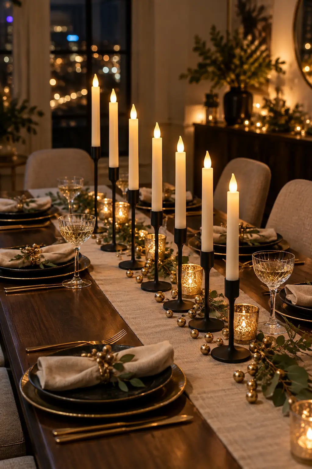 Slim black flameless taper holders arranged in a crescent on a narrow dining table