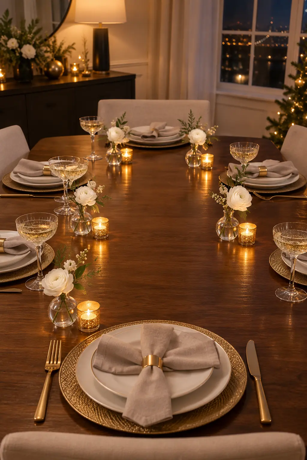 Tiny white-flower bud vases and battery tea lights beside each place setting