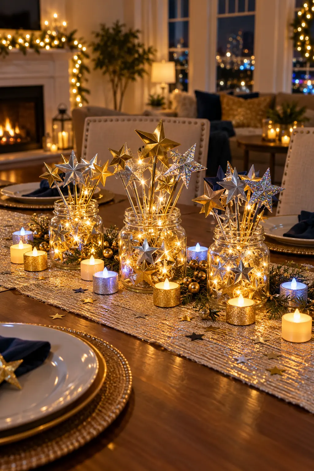 Clear jars filled with metallic paper star wands and warm micro lights