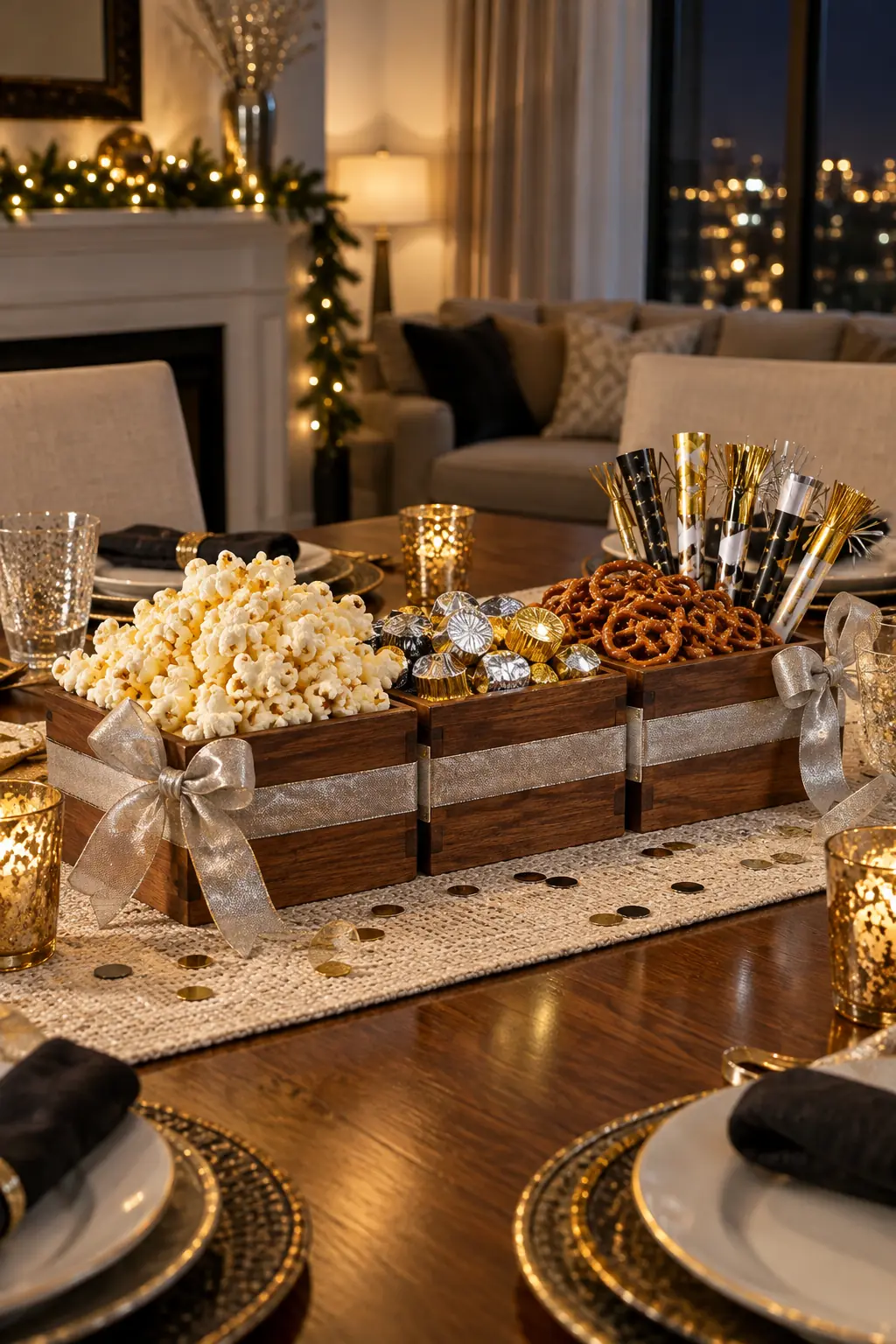 Wooden table caddies filled with popcorn pretzels chocolates and party blowers
