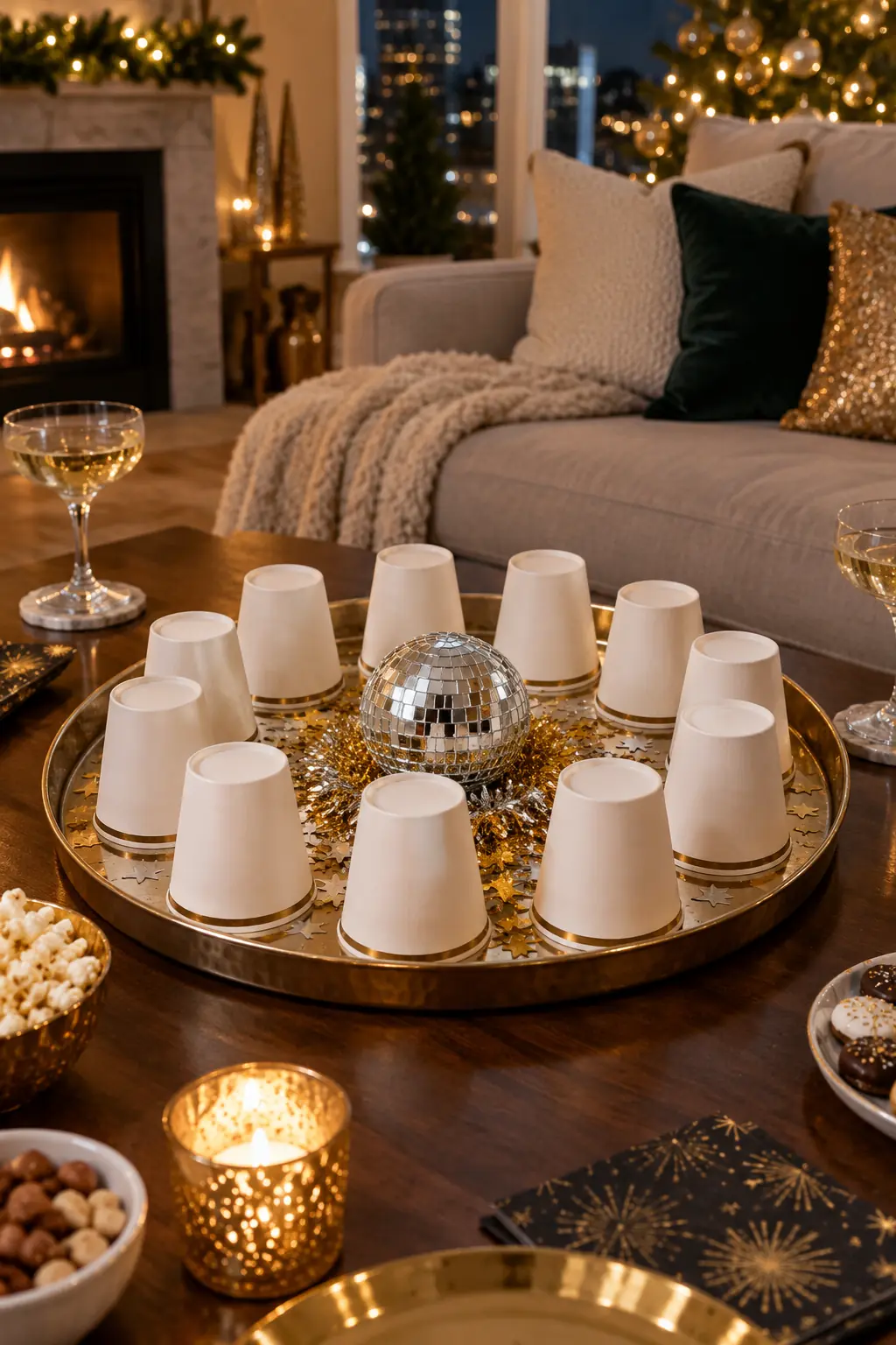 Circle of upside-down paper cups hiding treats around a central disco ball