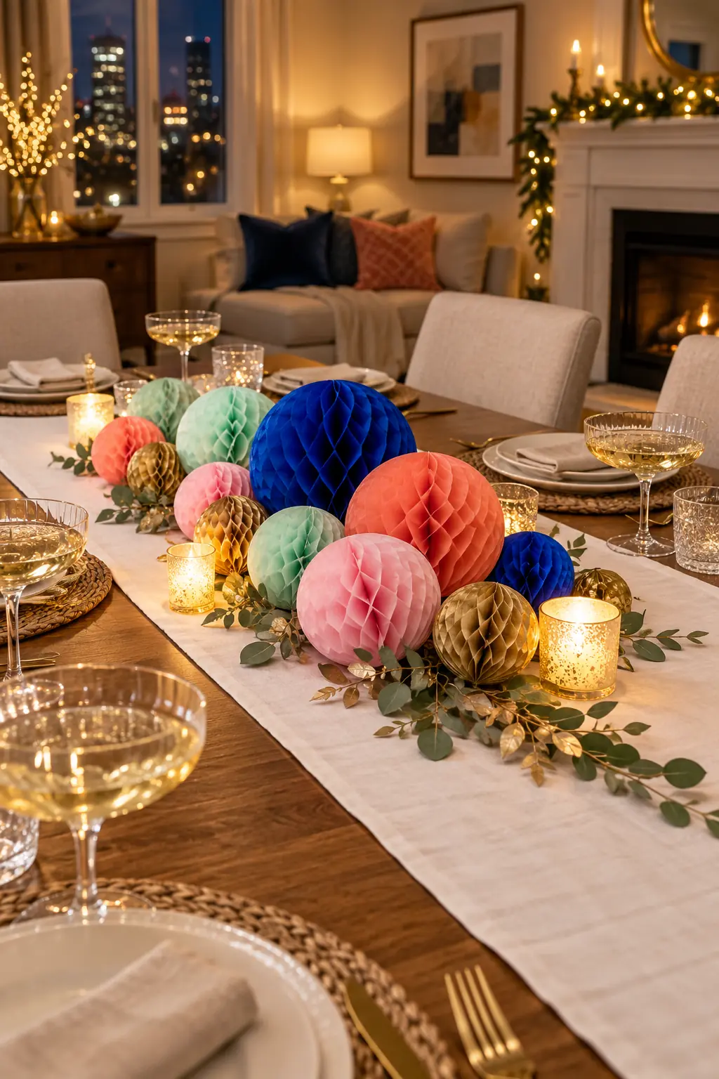 Low cluster of colorful paper honeycomb balls with gold accents and battery votives