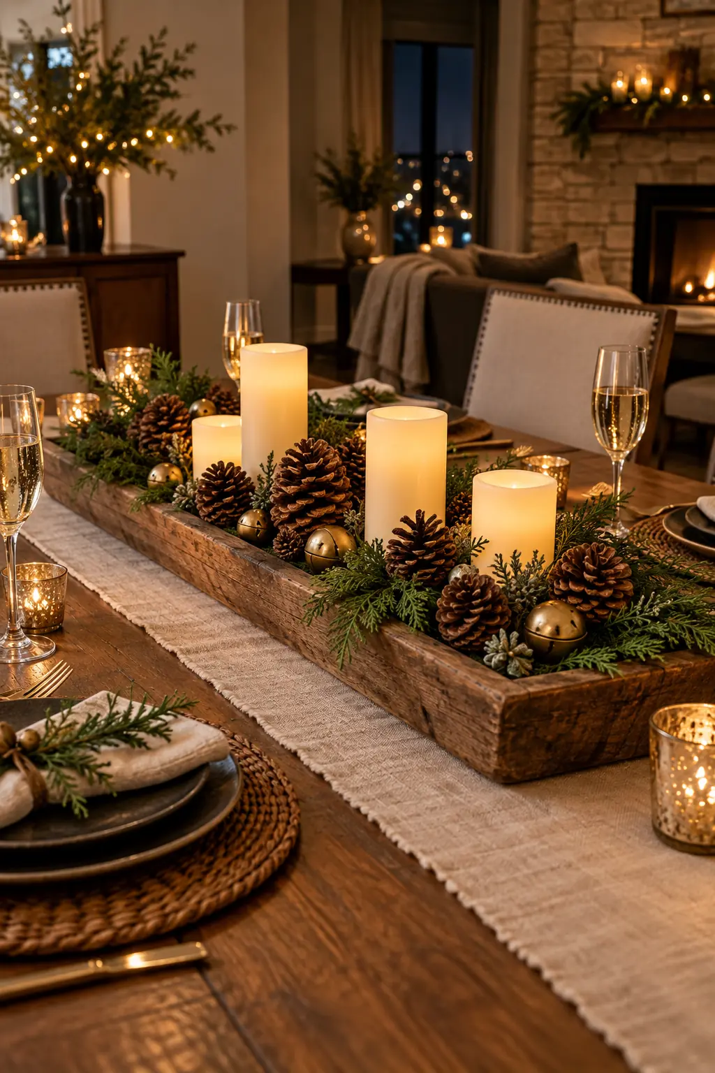 Rustic wood tray with pinecones cedar gold bells and ivory battery pillars