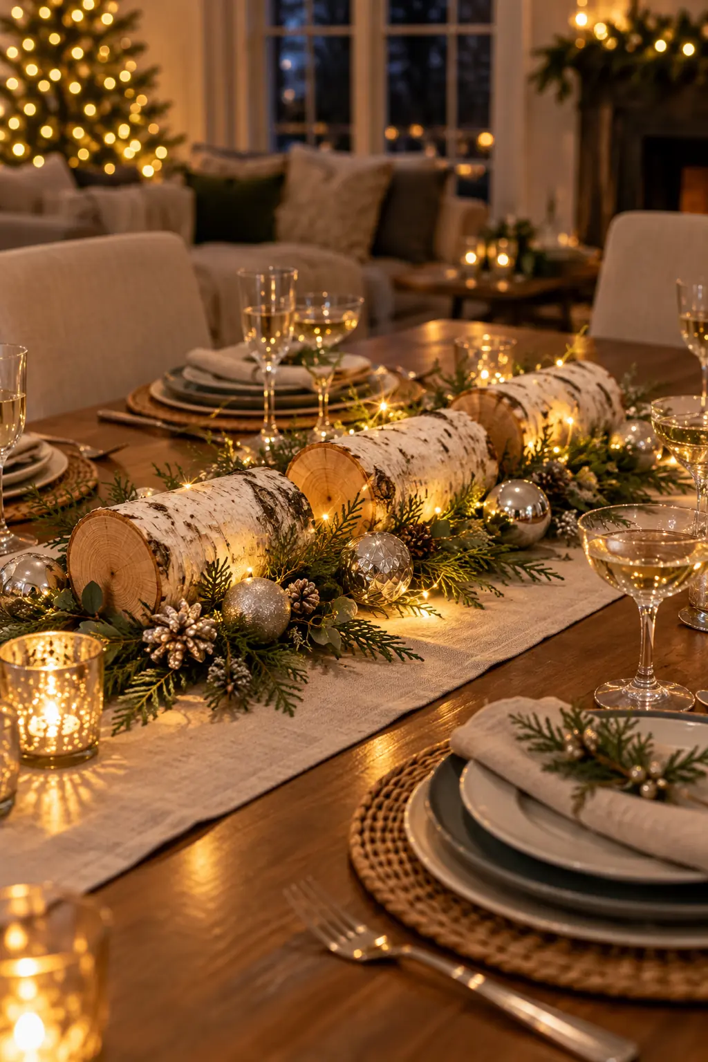 Horizontal white birch logs woven with warm fairy lights and silver ornaments