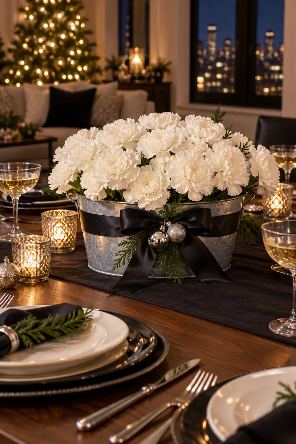 Galvanized champagne tub filled with white carnations and finished with black ribbon