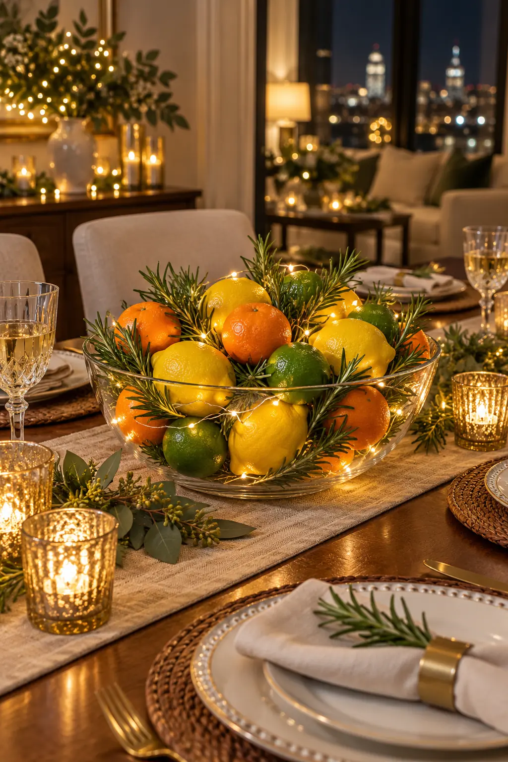 Clear bowl filled with lemons limes clementines rosemary and warm micro lights