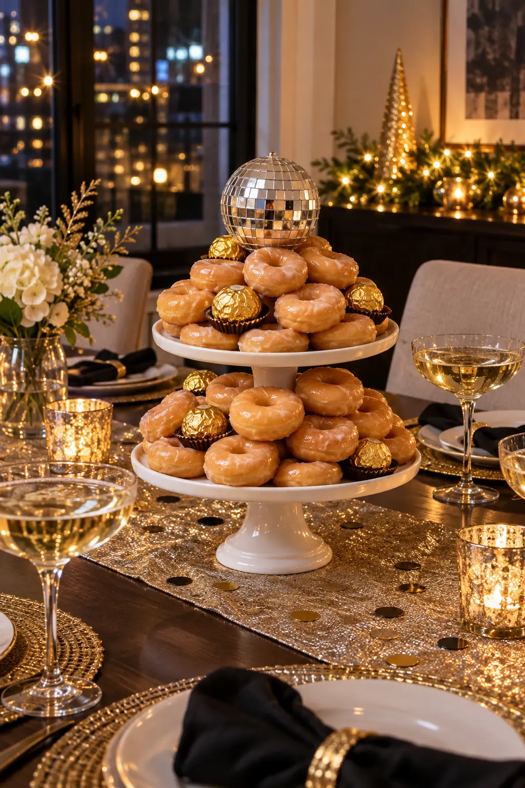 Two-tier stand of glazed mini donuts and gold chocolates topped with a disco ball