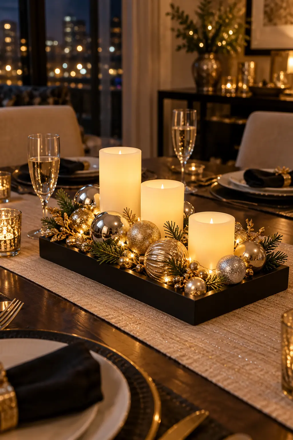 Black tray with leftover gold and silver ornaments battery pillars and fairy lights