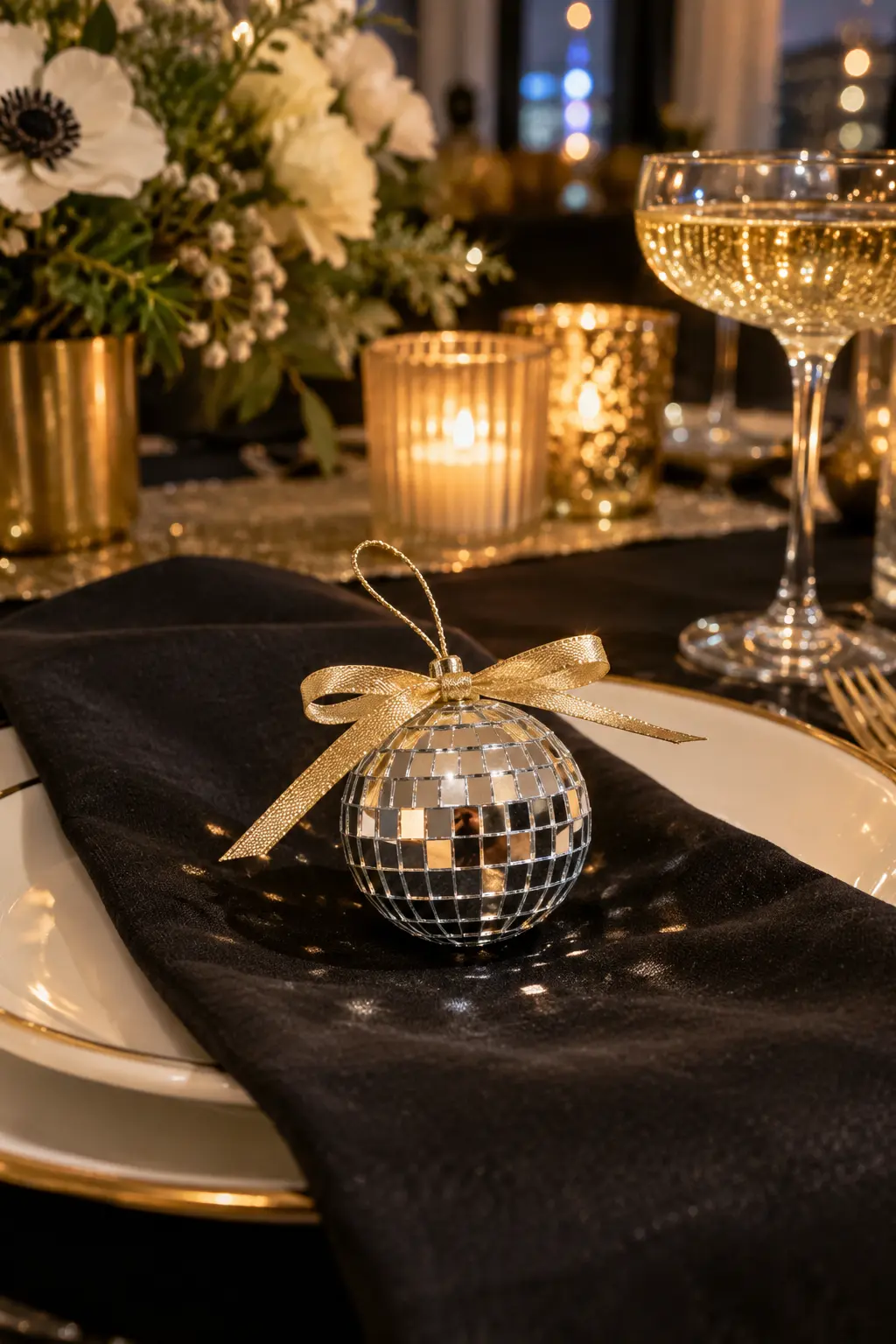 a mini mirrored disco-ball ornament beside an elegant New Year's Eve place setting