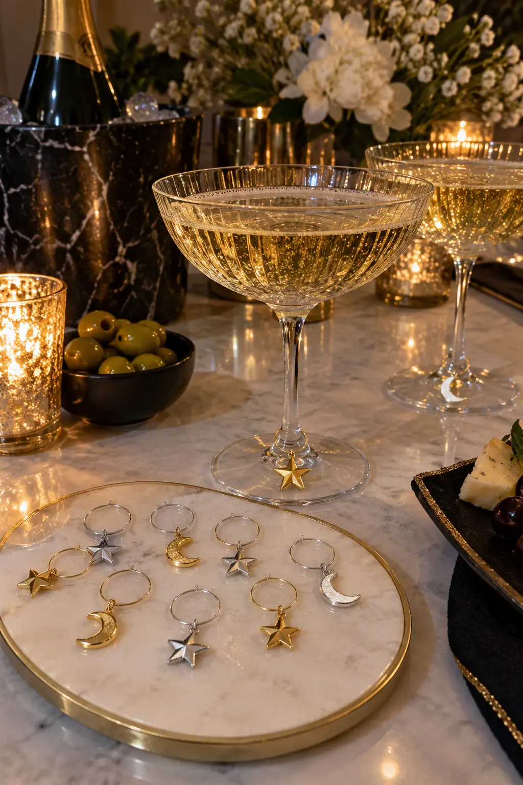 metallic star and moon glass charms arranged beside champagne coupes