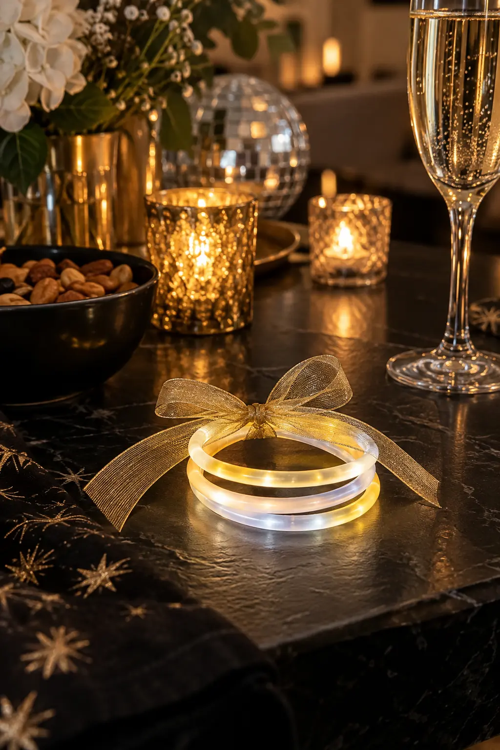 three softly glowing bracelets bundled on a dark party table
