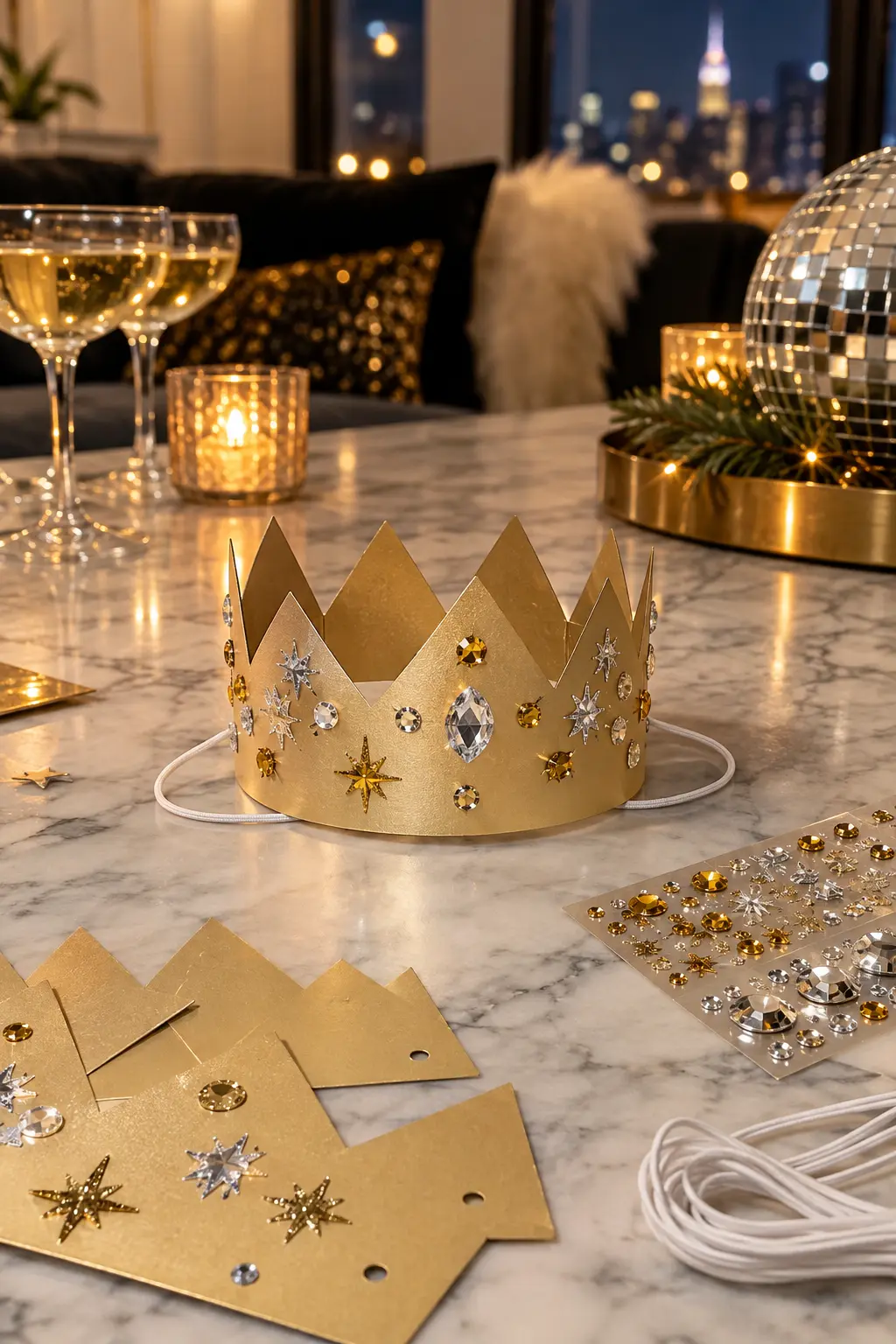 flat metallic paper crown pieces with jewel stickers and elastic cord