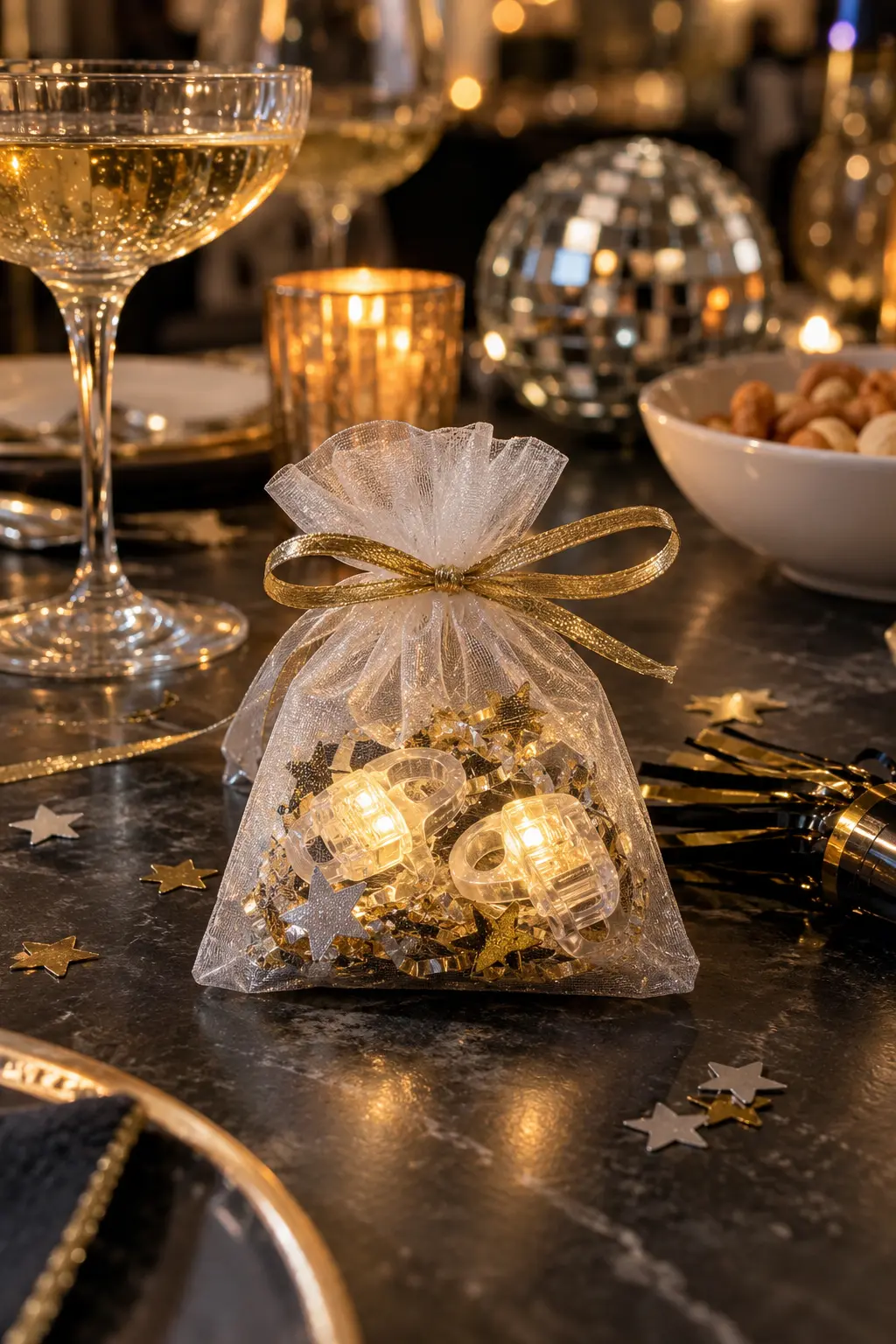 small reusable LED finger lights glowing beside party confetti alternatives