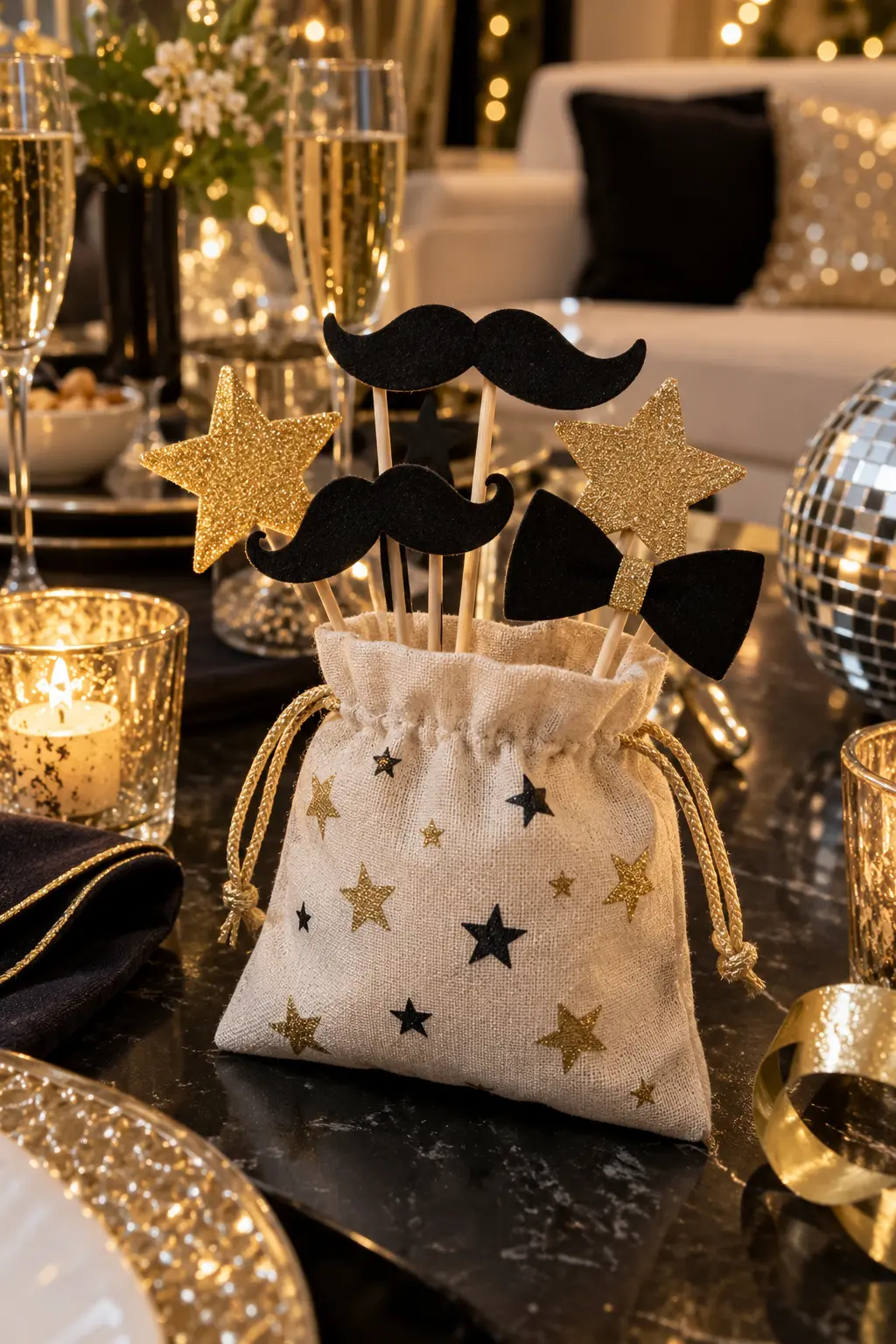 felt mustache stars and bow tie photo props in a small fabric pouch