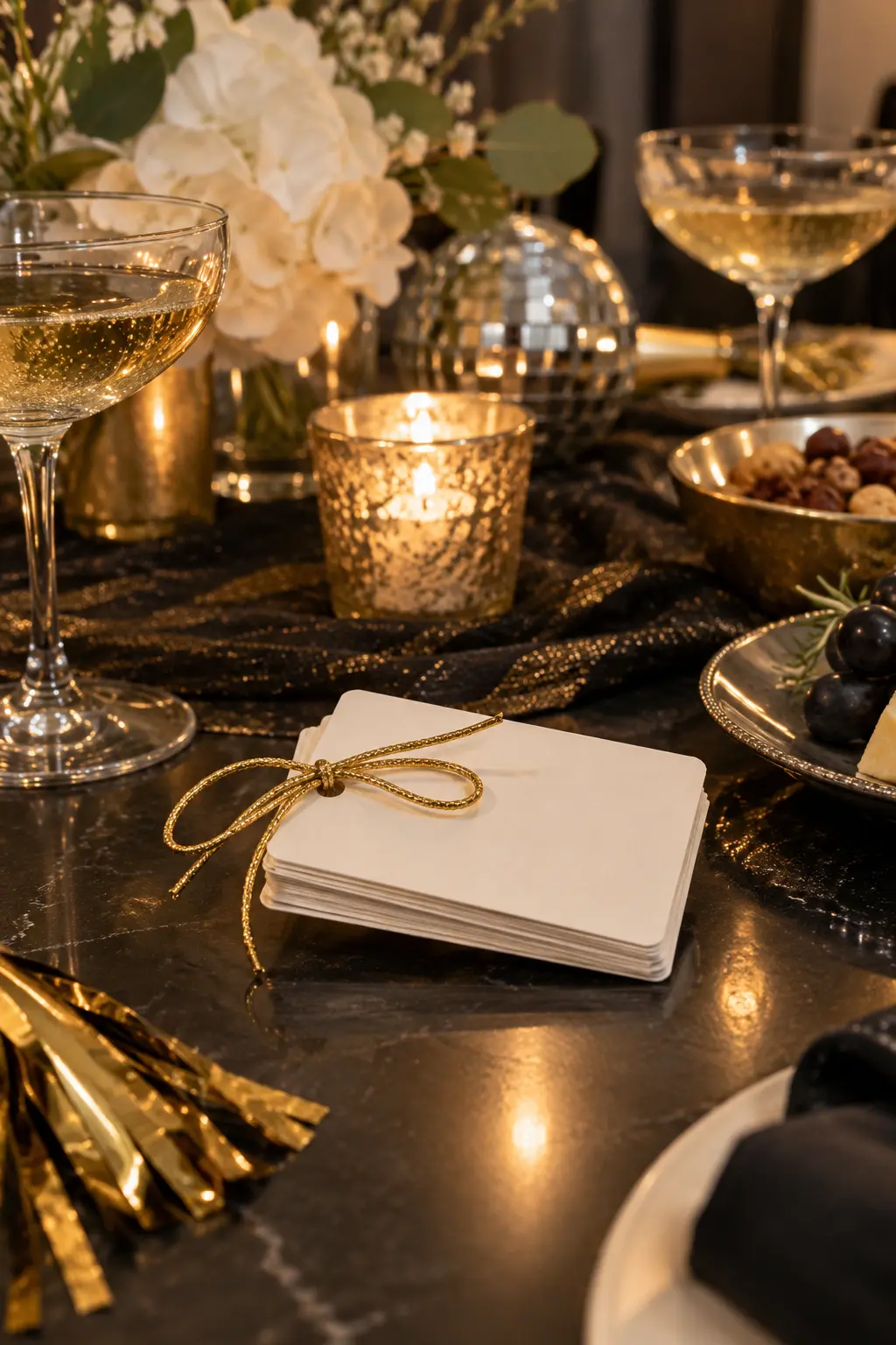 small blank prompt cards tied with gold cord on a party table