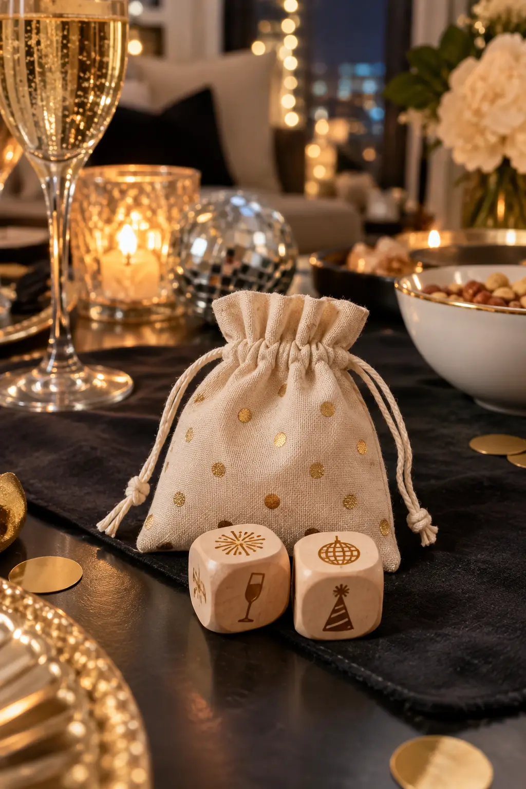 two wooden dice with simple party icons in a drawstring pouch