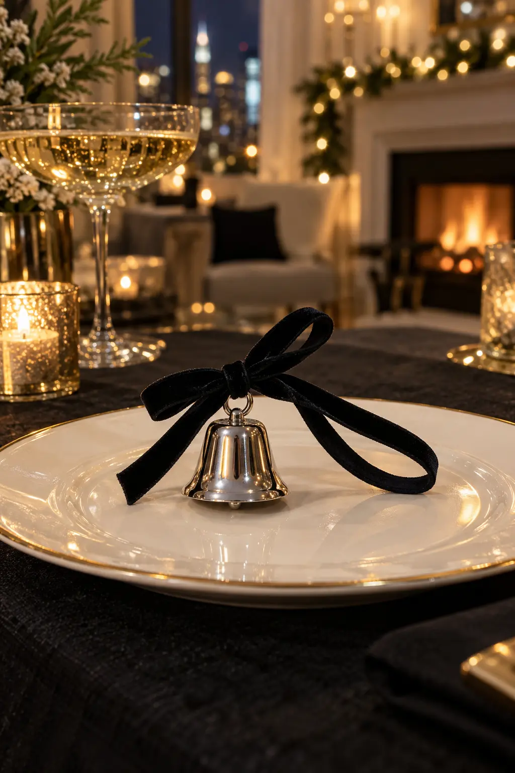 small silver bell wristlet with black velvet ribbon