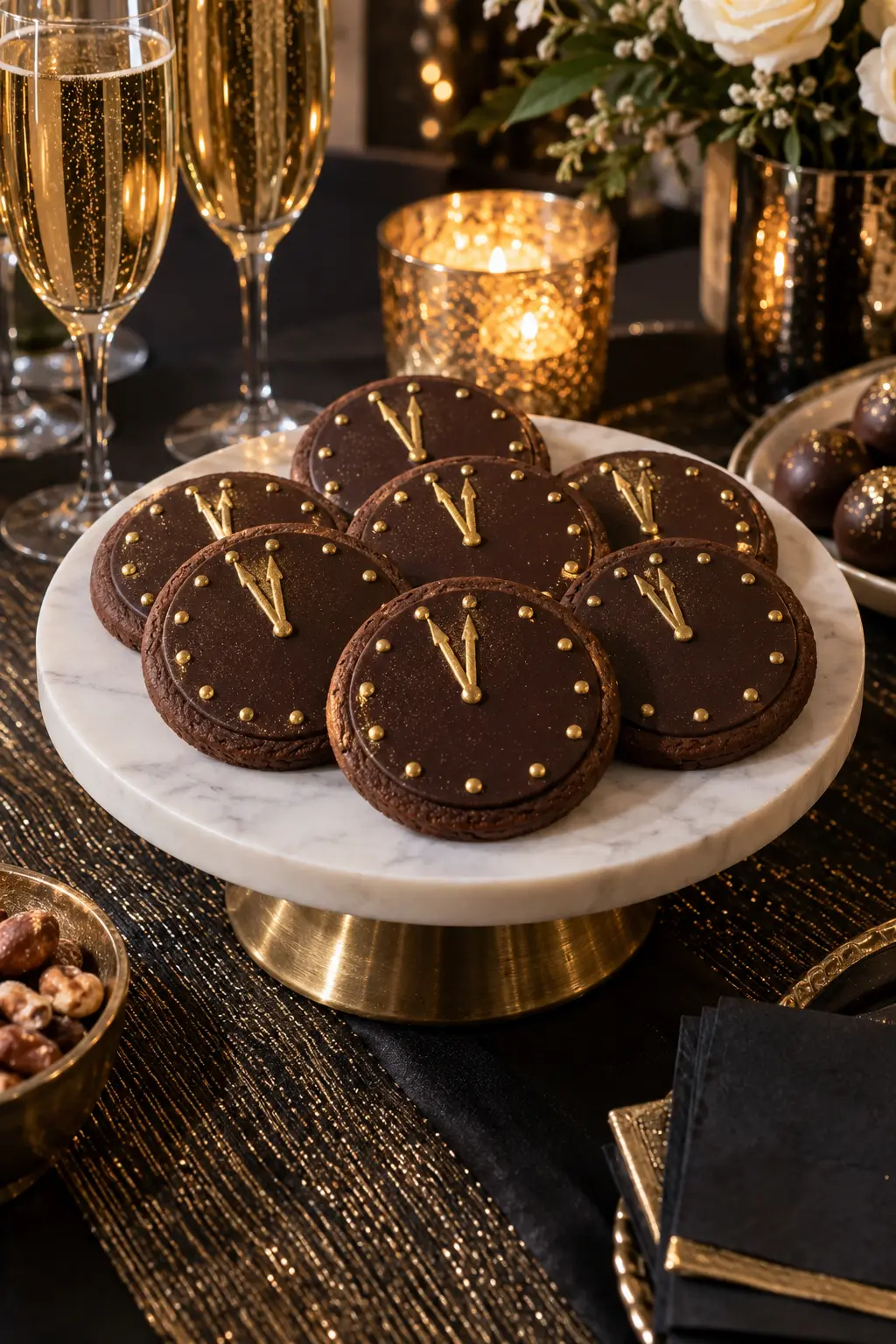 round chocolate clock-face cookies with abstract gold clock hands on a dessert table