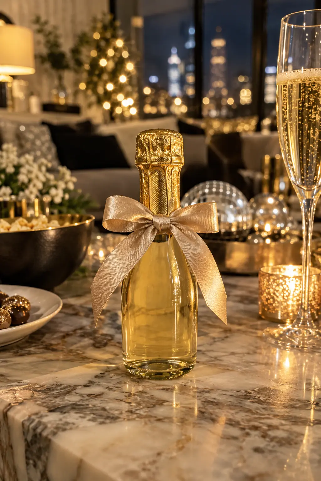 small unlabeled bottle of sparkling cider with a satin ribbon