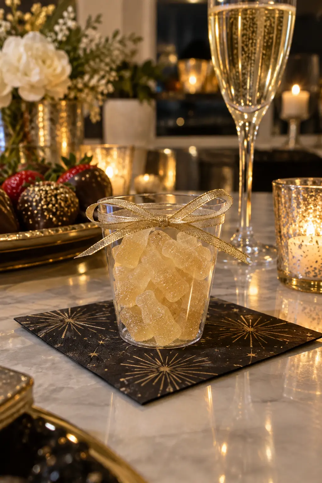 small clear cup filled with pale gold champagne-style gummies