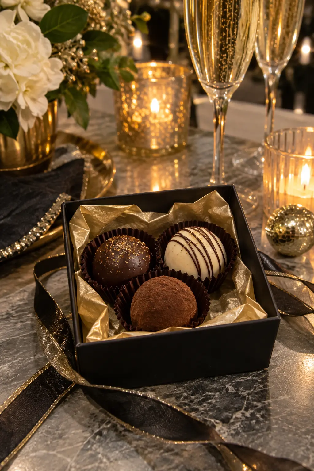 three handmade chocolate truffles in a small open gift box