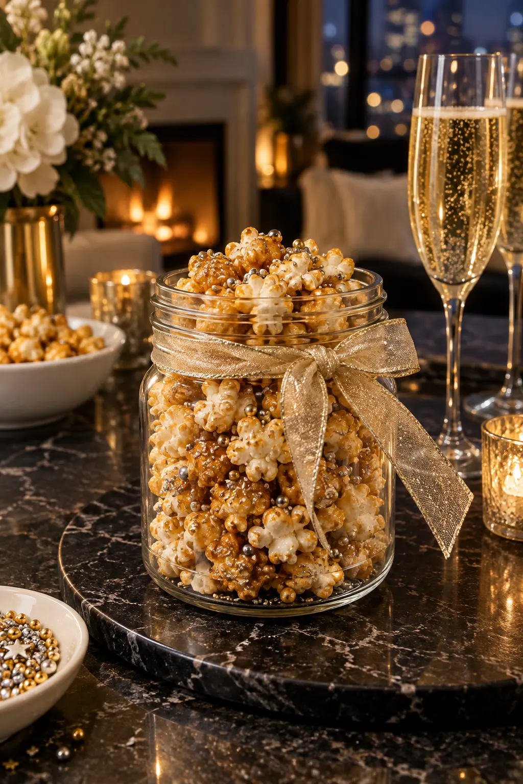 caramel popcorn with metallic-looking sugar sprinkles in a glass jar