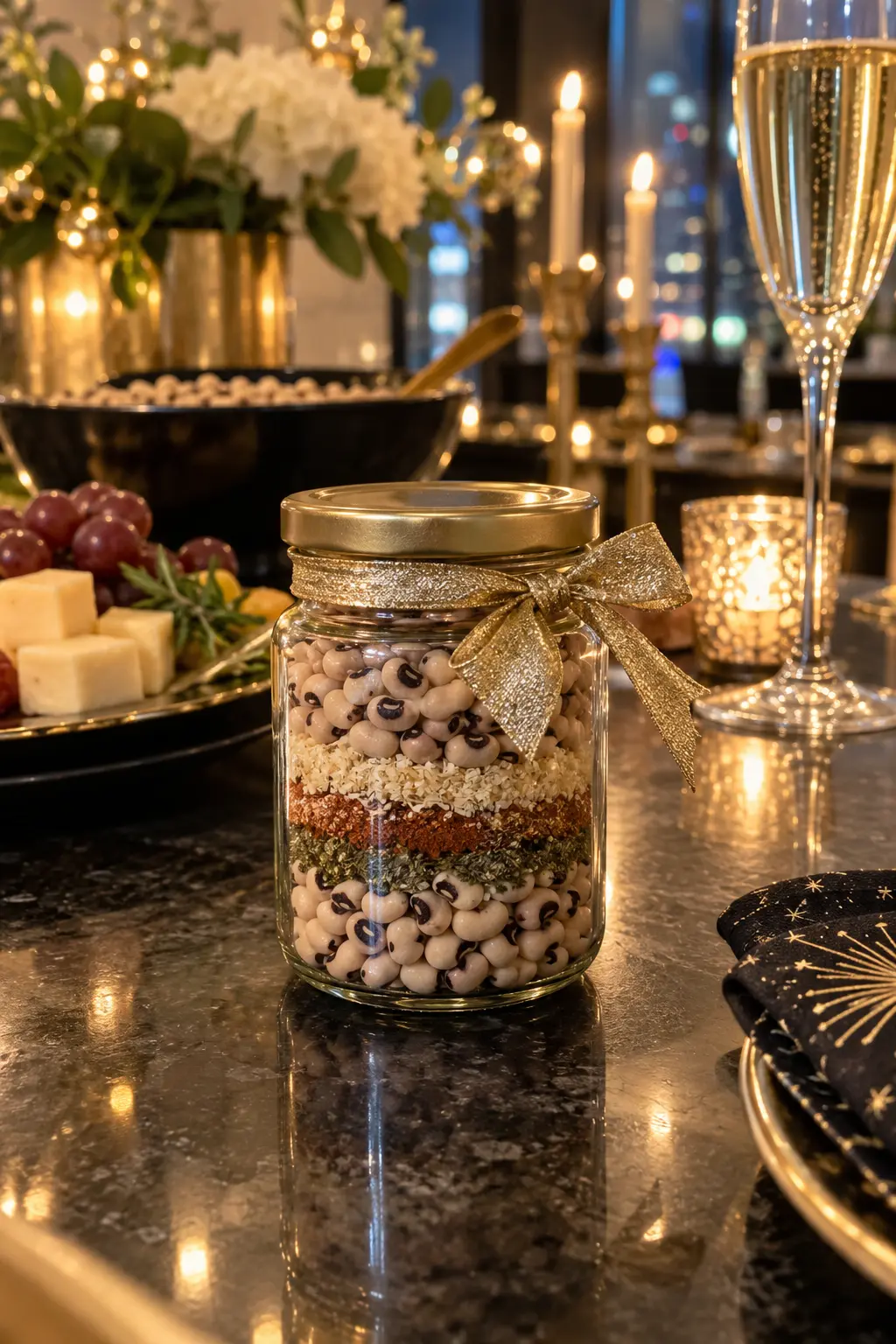 dry black-eyed peas and spices layered in a small glass jar