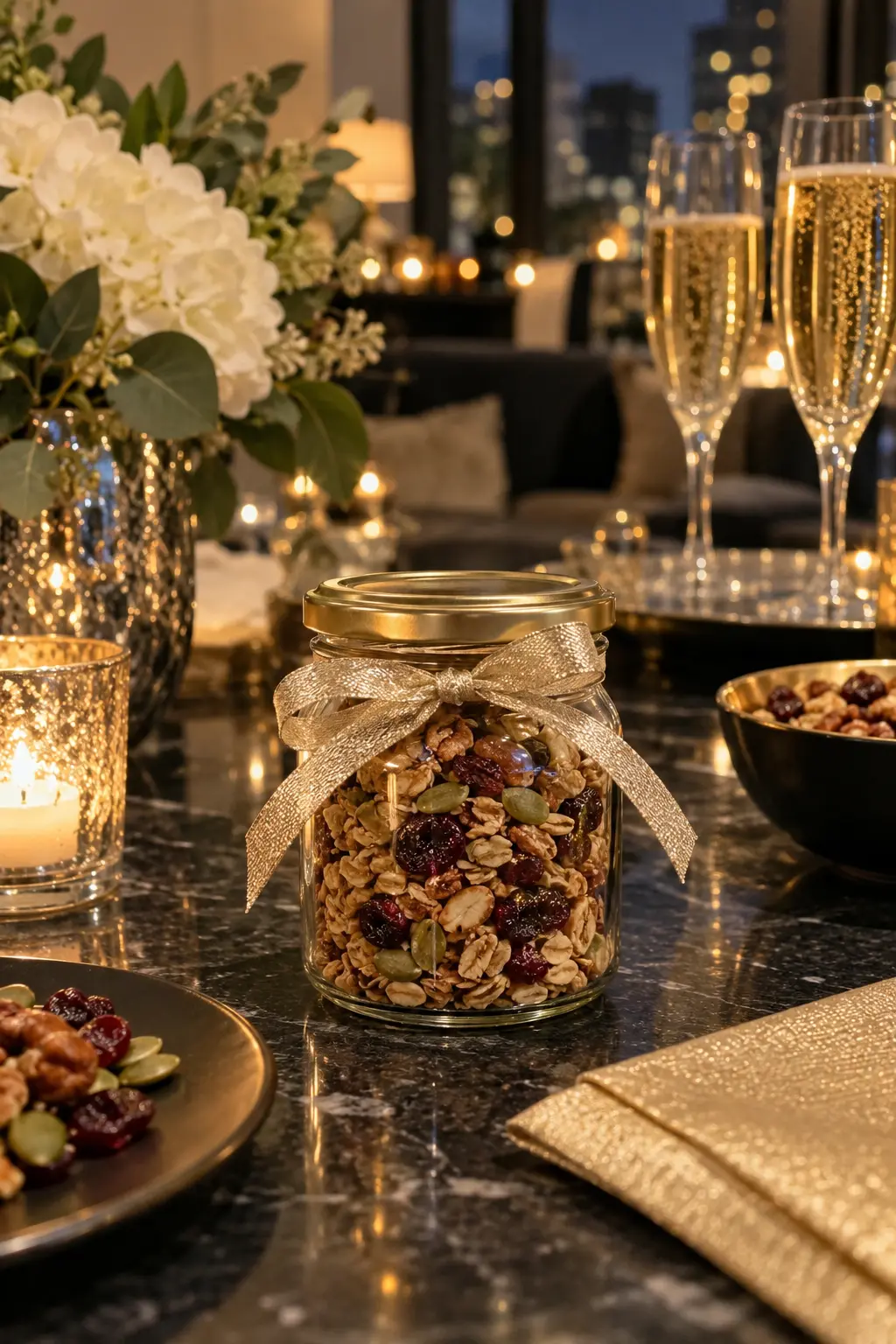 small jar of homemade granola with dried cherries and pumpkin seeds