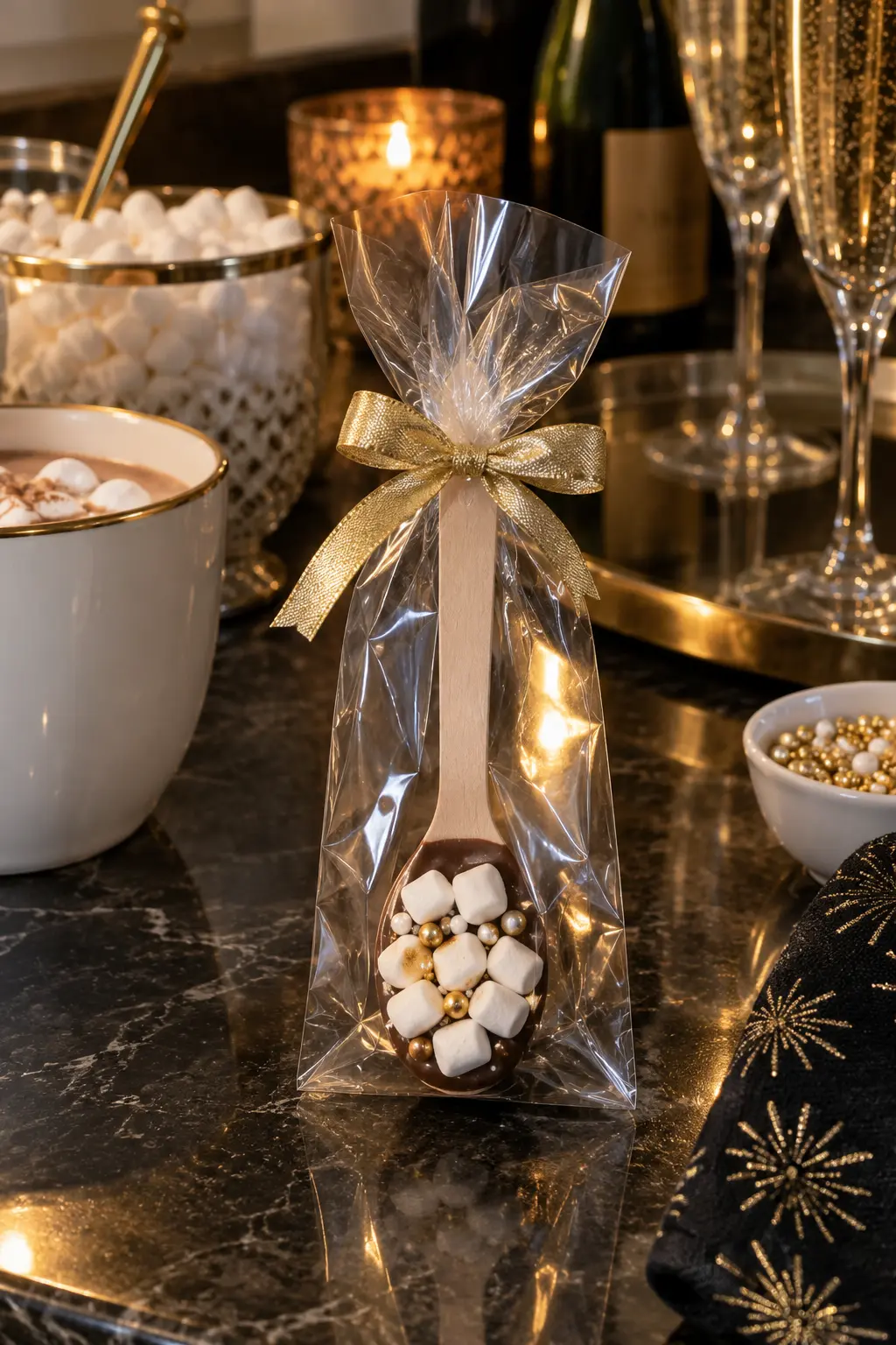chocolate-coated wooden spoon with mini marshmallows in a clear sleeve