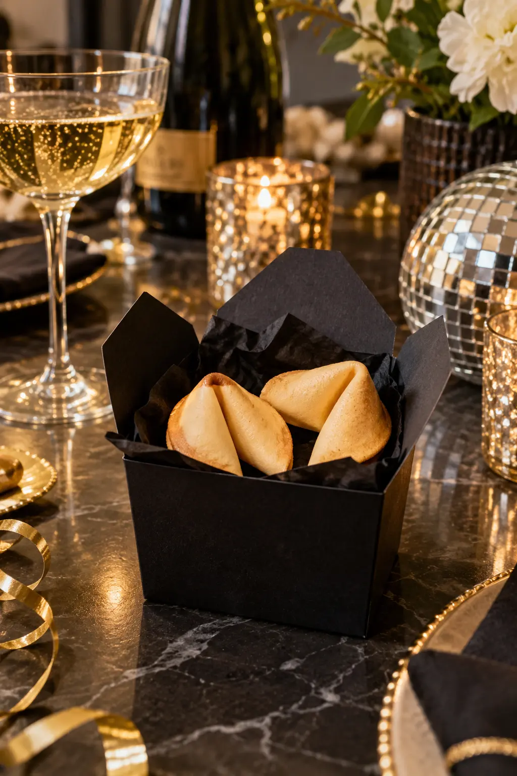 two plain fortune cookies in a small open black paper box