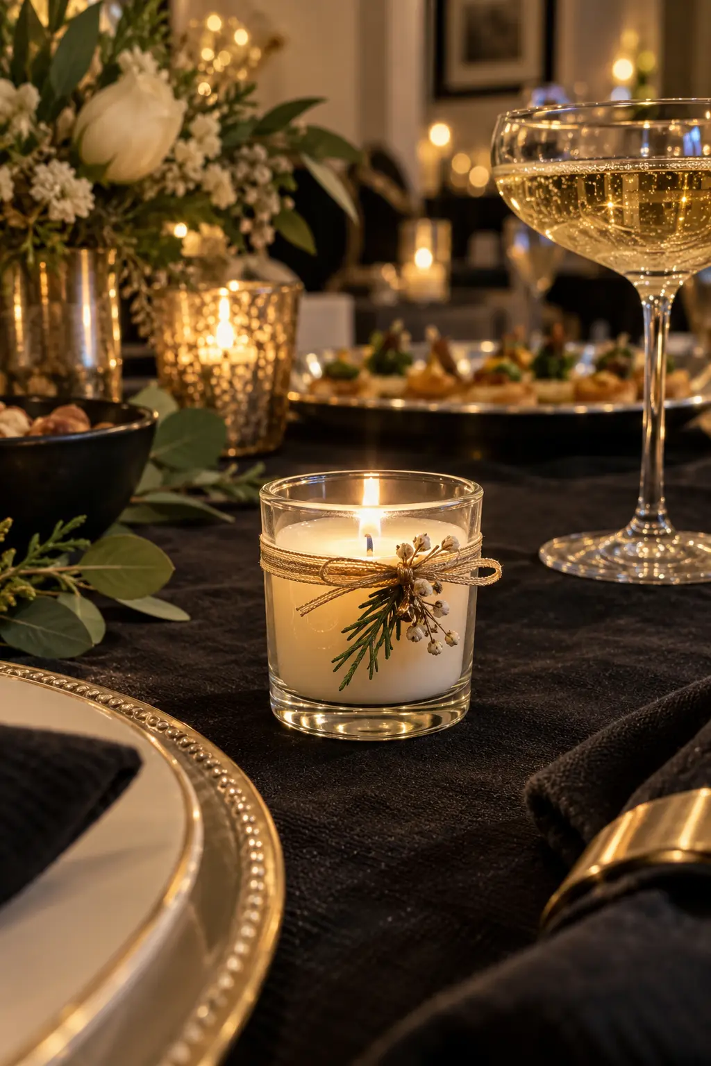small unscented candle in a clear glass votive with dark table linens