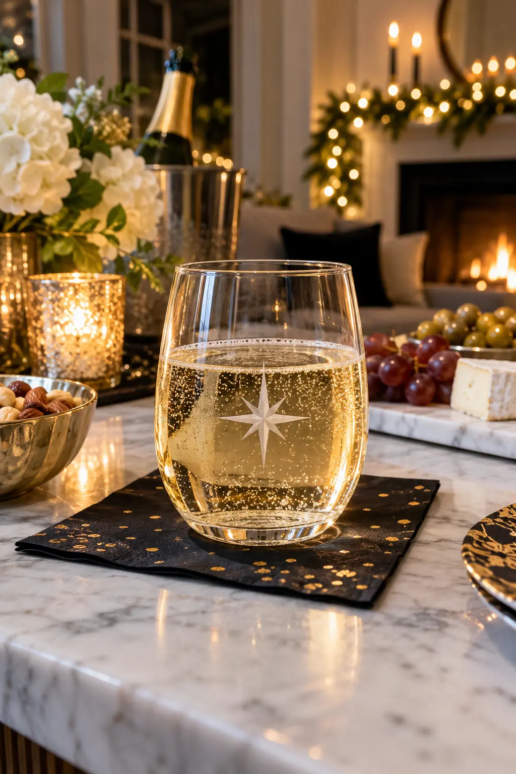 single stemless sparkling-wine glass with a subtle etched star
