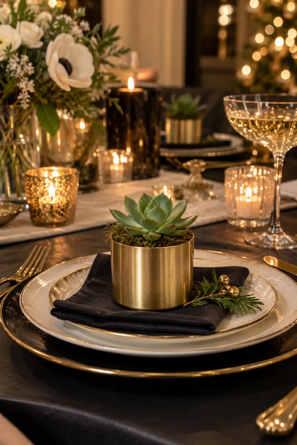 small live succulent in a brushed brass cachepot at a dinner place setting