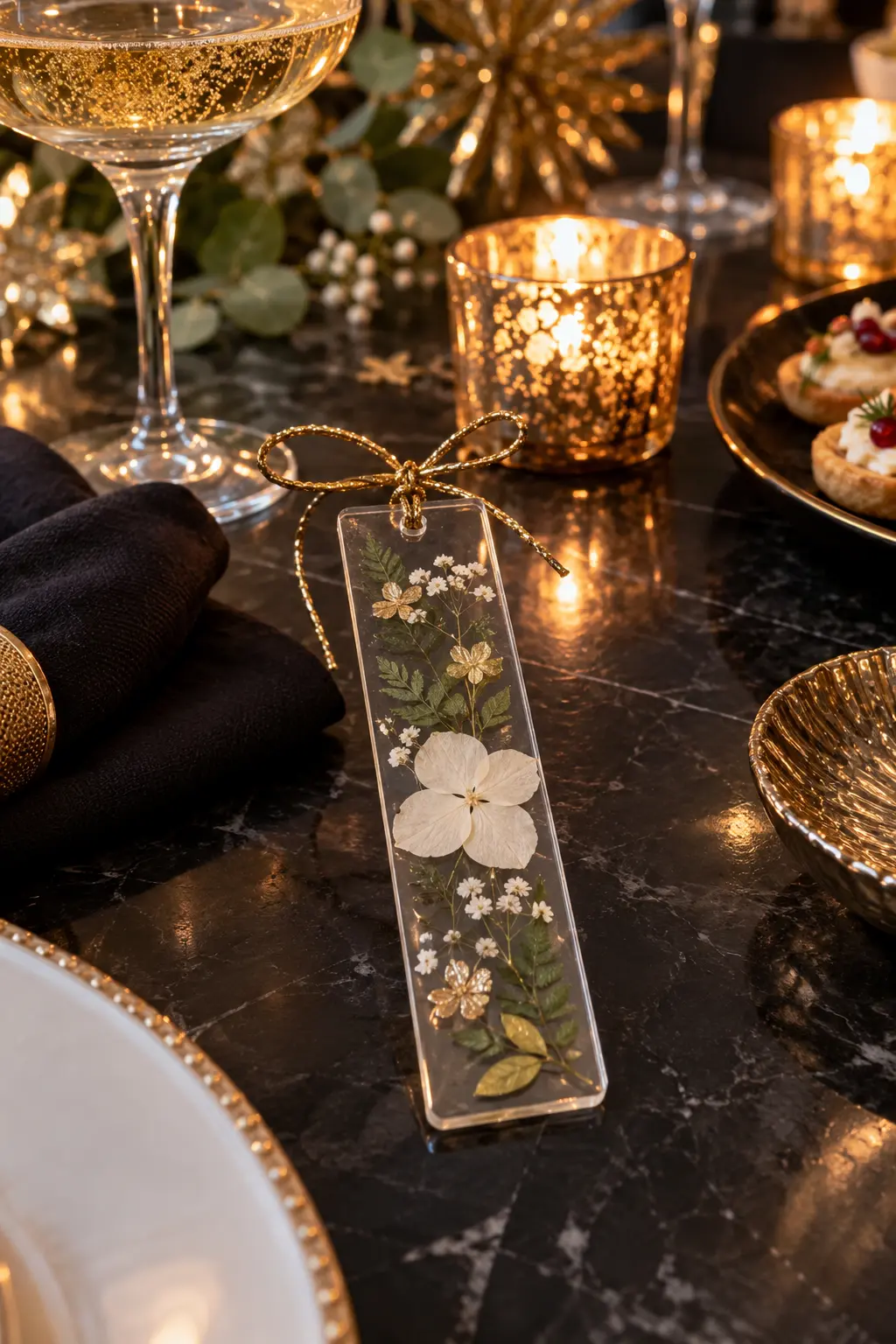 clear pressed-flower bookmark tied with narrow gold thread
