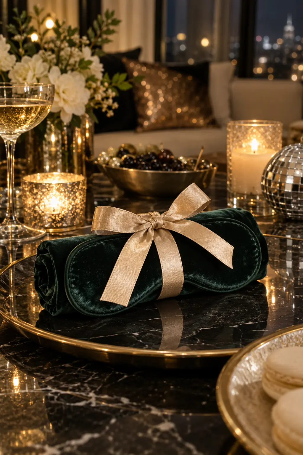 rolled deep green velvet sleep mask tied with champagne ribbon