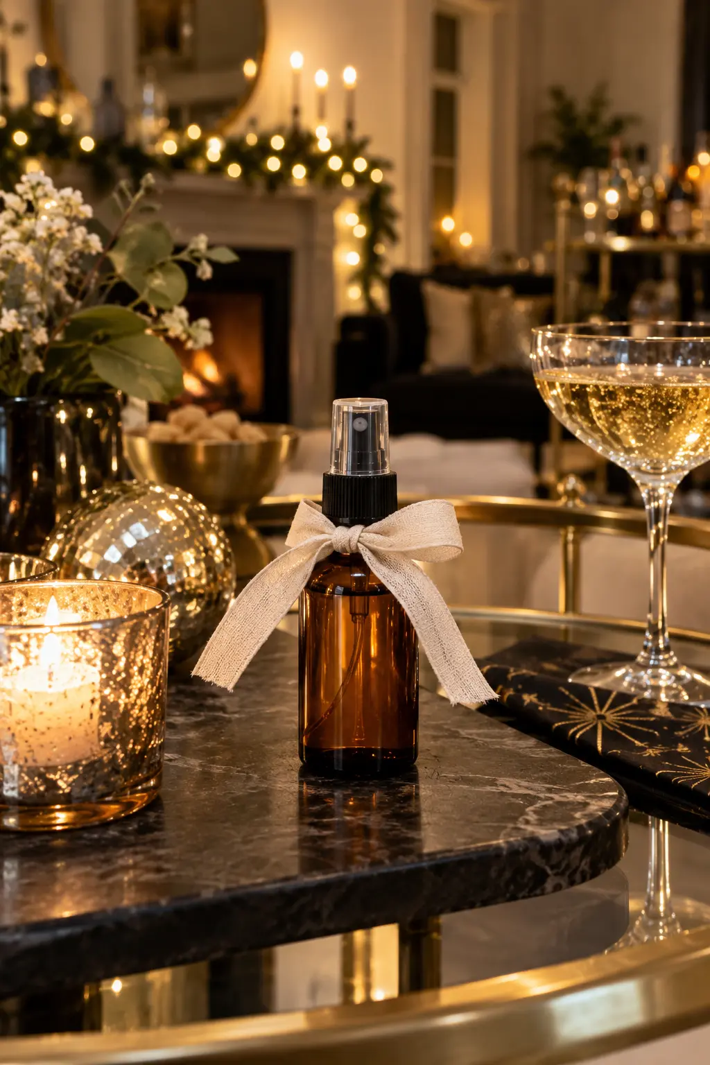 small unlabeled amber room-mist bottle with a linen ribbon