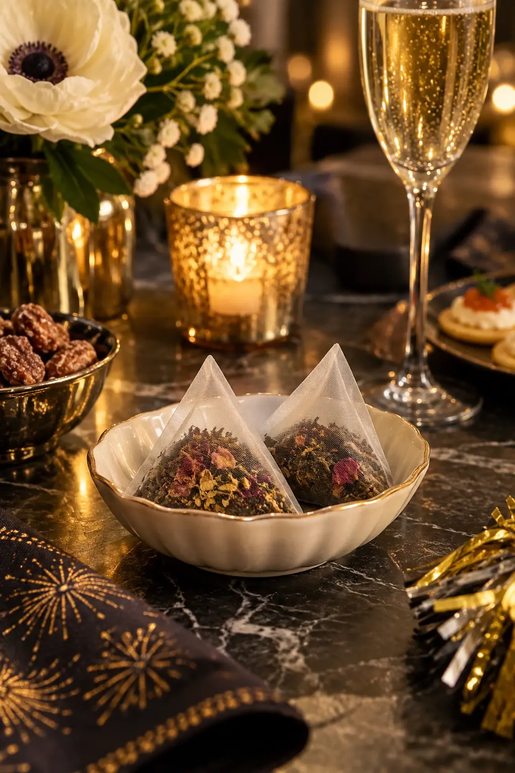 two pyramid tea sachets tucked into a small ceramic dish