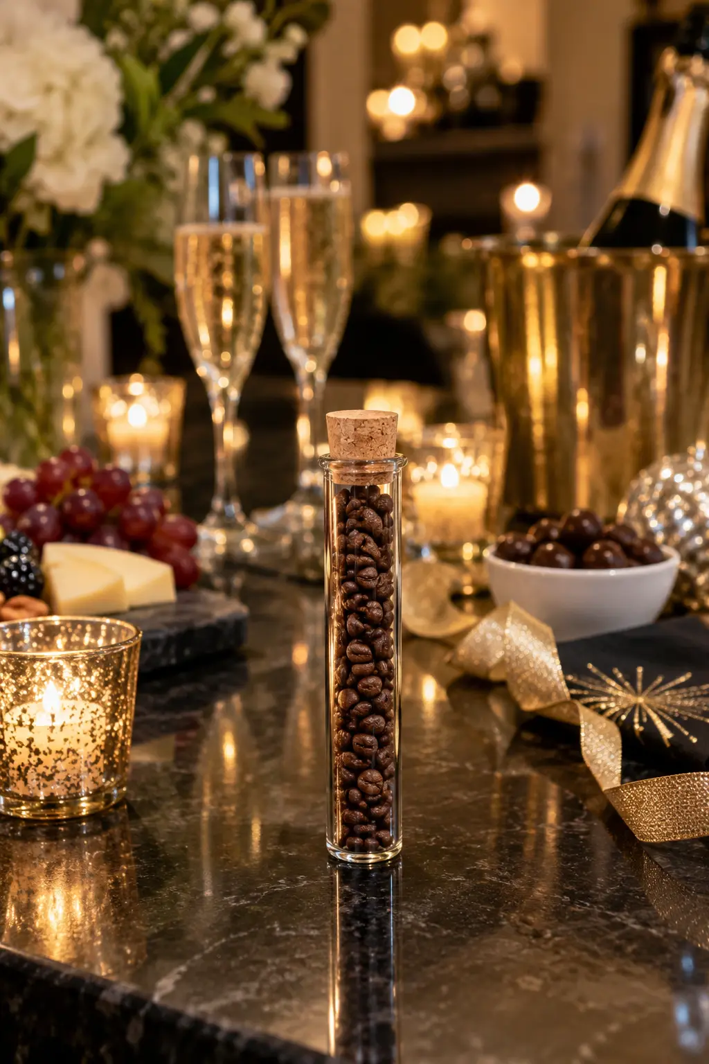 whole coffee beans in a clear glass tube with a cork stopper