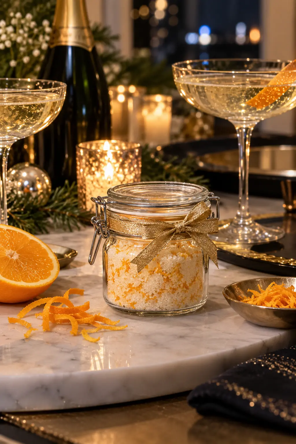 small jar of citrus sugar with dried orange zest beside cocktail glasses